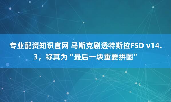专业配资知识官网 马斯克剧透特斯拉FSD v14.3，称其为“最后一块重要拼图”