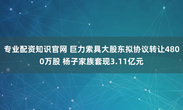 专业配资知识官网 巨力索具大股东拟协议转让4800万股 杨子家族套现3.11亿元